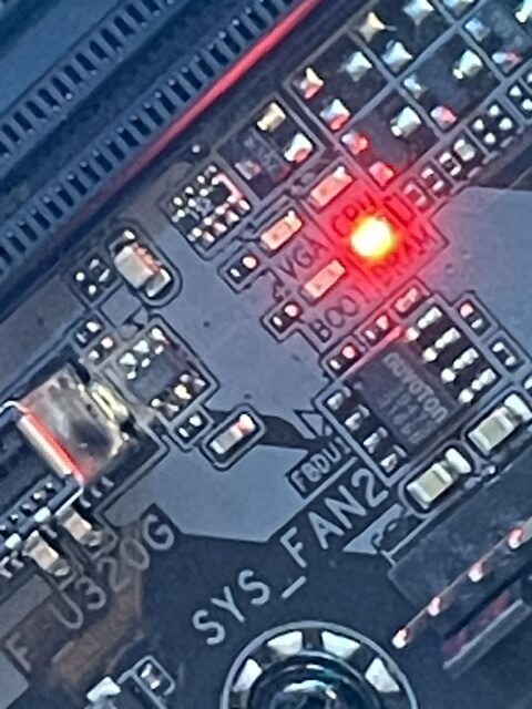 diagnostic lights on a motherboard that have stopped on a failed stick of RAM